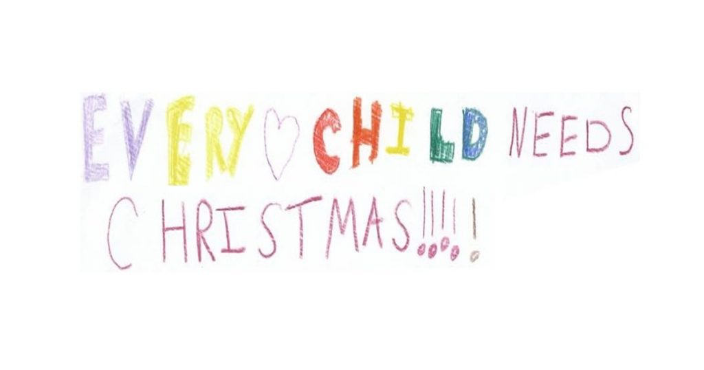 Children charity hand-drawn Every Child Needs Christmas banner created in colourful crayon